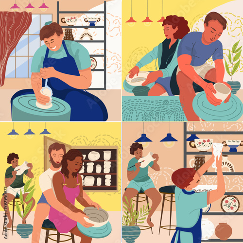 Pottery compositions set in flat design. Hand drawn vector illustration .