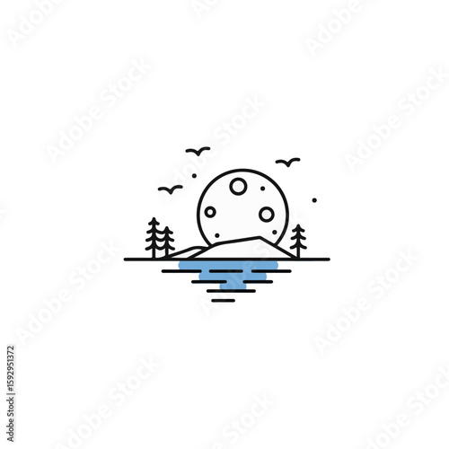 A serene landscape with the moon shining brightly over water.