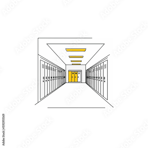 A modern school hallway interior, featuring a line drawing illustration.
