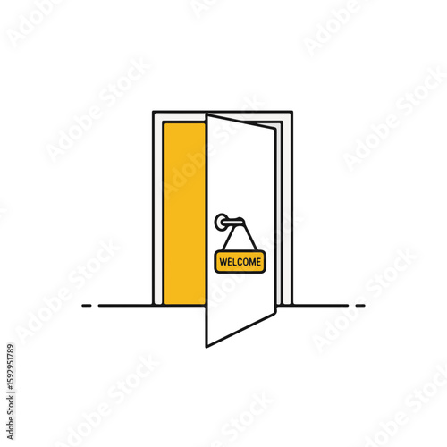 An open door with a welcome sign and yellow background.