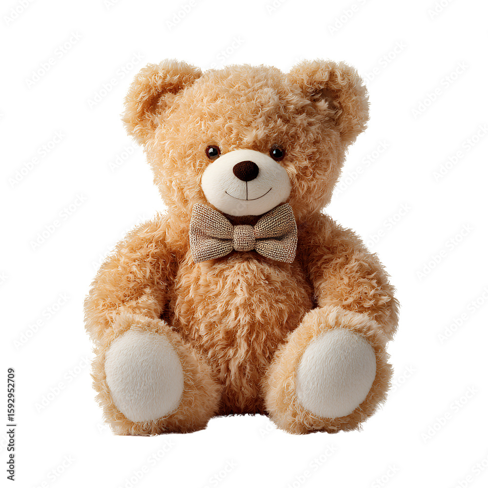 Fototapeta premium Cute fluffy teddy bear wearing a patterned bow tie, isolated on transparent background.