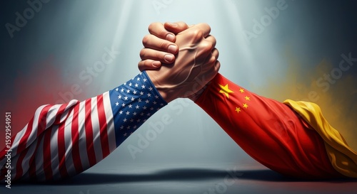 Two hands arm wrestling, one wrapped in the American flag, the other in the Chinese flag, symbolizing rivalry and competition between the USA and China.