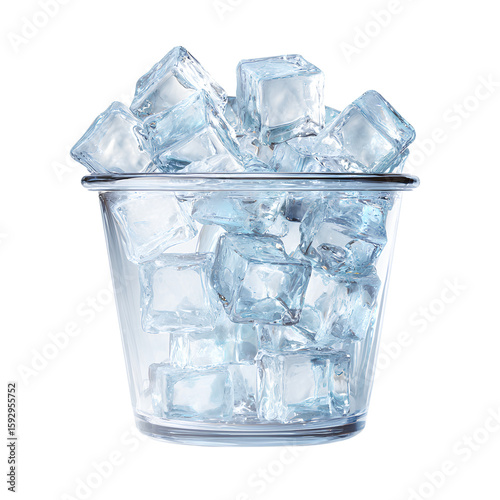 Clear plastic cup filled with ice cubes, isolated on transparent background.