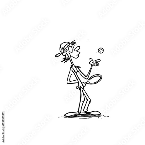 Black & White Cartoon Tennis Player Drawing – Lucky Luke Meets Calimero Style – Clean Line Art for T-Shirt Print