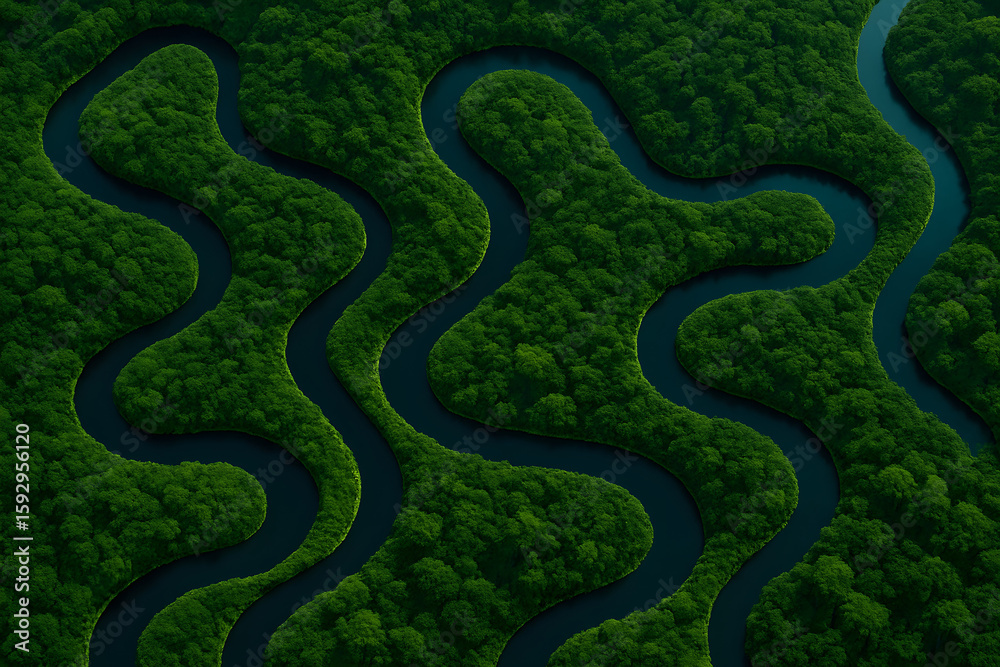 Fototapeta premium Aerial View of Winding Rivers Through Dense Rainforest - Abstract Nature Shapes from Above
