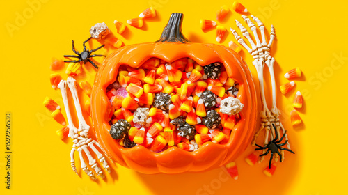 Halloween candy in an orange pumpkin-shaped bowl, with spider and skeleton hands reaching out to grab the candies on a yellow background