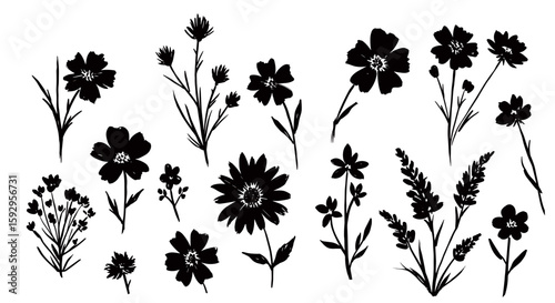 Collection of hand-drawn black silhouette flowers on white background  