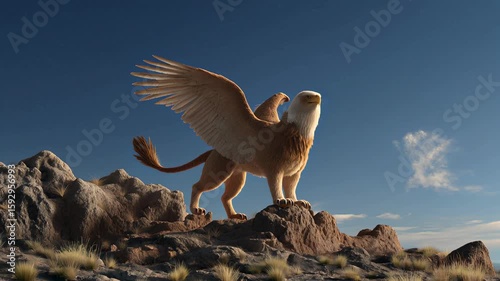 Majestic Griffin on Rocky Cliff at Sunrise – Stylized 3D Animation