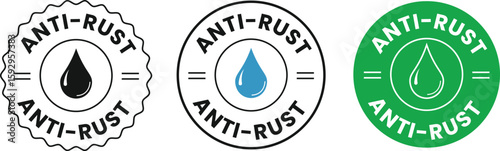 Anti-rust protection badge icons – set of vector shield logos with droplet symbol, suitable for waterproof coating, durable metal products, tools, and packaging use.