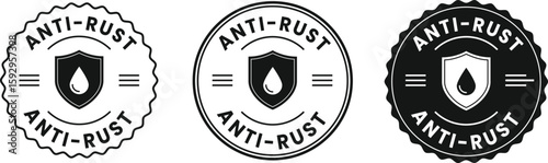 Anti-rust protection badge icons – set of vector shield logos with droplet symbol, suitable for waterproof coating, durable metal products, tools, and packaging use.