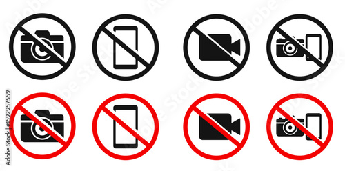 Warning sign, no photos, no phone or camera vector icons. Prohibition on taking photos and videos. No photo allowed or camera prohibited red circle and green allowed round vector icon set isolated (1)