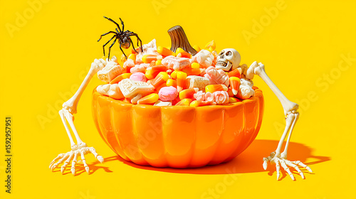 Halloween candy in an orange pumpkin-shaped bowl, with spider and skeleton hands reaching out to grab the candies on a yellow background