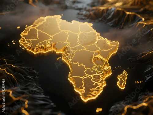 Gold Outline Detailed Africa Continent Glowing Map Illustration