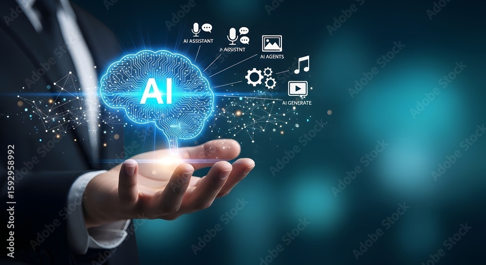 Fototapeta premium AI Brain Technology in Hand Digital Illustration