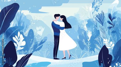 Joyful couple hugging in flat illustration