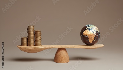 A wooden balance scale with stacks of gold coins on one side and a globe on the other, symbolizing a financial global imbalance
