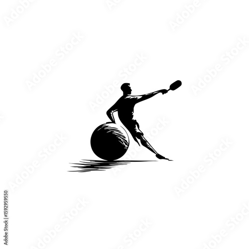 Minimalist Black & White Pickleball Player Vector – Simple Spherical Swing Silhouette