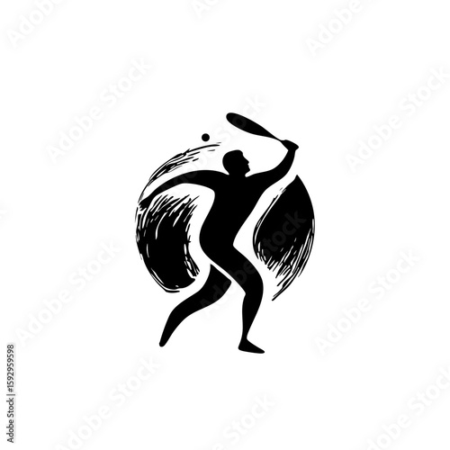 Minimalist Black & White Pickleball Player Vector – Simple Spherical Swing Silhouette