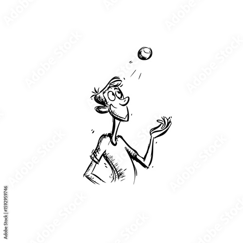 Black & White Cartoon Tennis Player Drawing – Lucky Luke Meets Calimero Style – Clean Line Art for T-Shirt Print