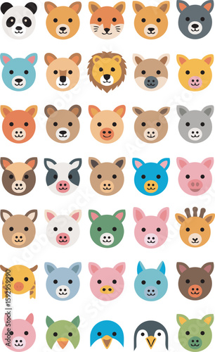 Colorful flat style animal faces in a grid on white background panda lion