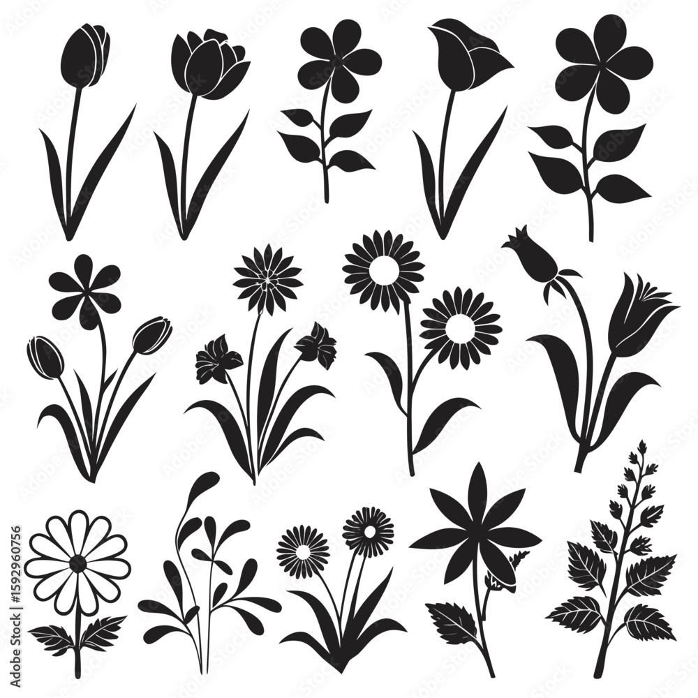 Flower Silhouette Vector Icons, Minimal Botanical Shape Collection Flower Silhouette Vector Icons, Minimal Botanical Shape Collection