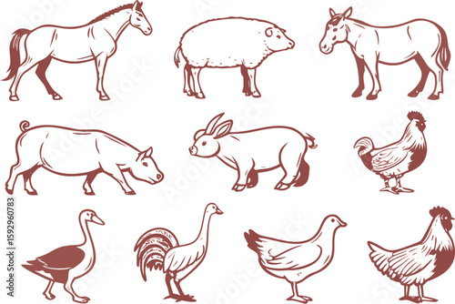 Farm Animals Collection Line Art with Red and Gray Tones horse rabbit