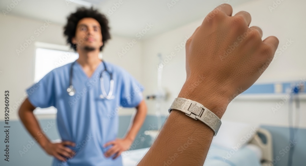 Fototapeta premium Caucasian hand with medical bracelet and african male doctor in hospital room