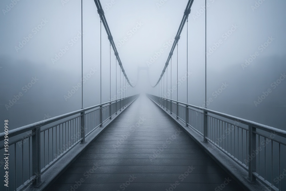 Obraz premium Journey into the Unknown: A desolate suspension bridge disappears into thick, eerie fog, symbolizing a path of uncertainty and the future ahead.