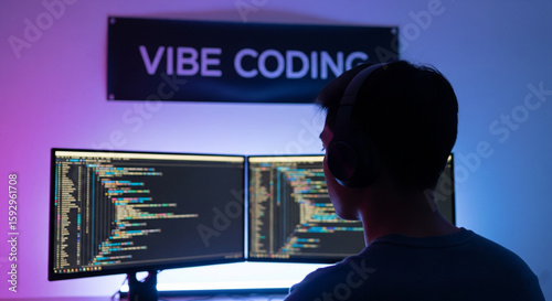 a minimalistic setup with a laptop in which coding window is open, Vibe Coding banner in the background