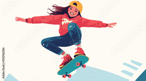 Joyful young girl skateboarding on ramp