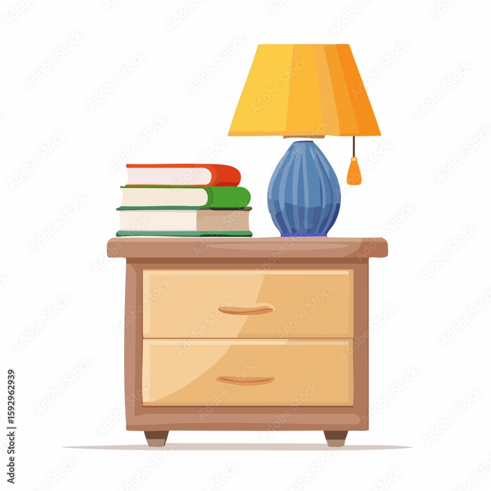 Fototapeta premium Reading lamp on nightstand – Lamp casting warm light next to a stacked book.