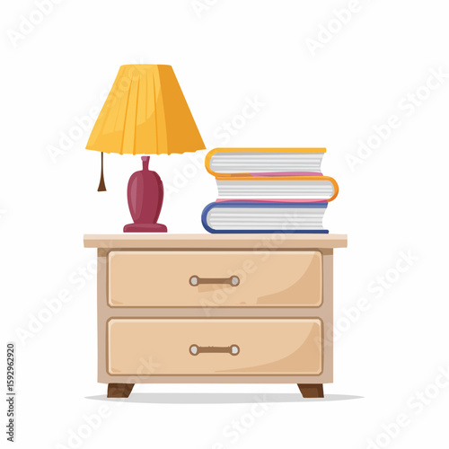 Reading lamp on nightstand – Lamp casting warm light next to a stacked book.
