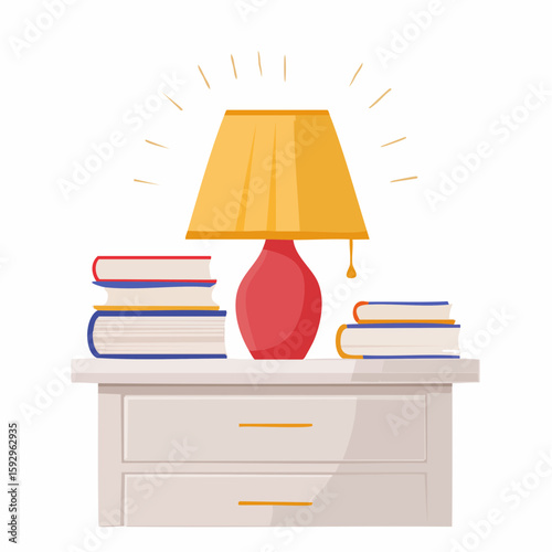 Reading lamp on nightstand – Lamp casting warm light next to a stacked book.
