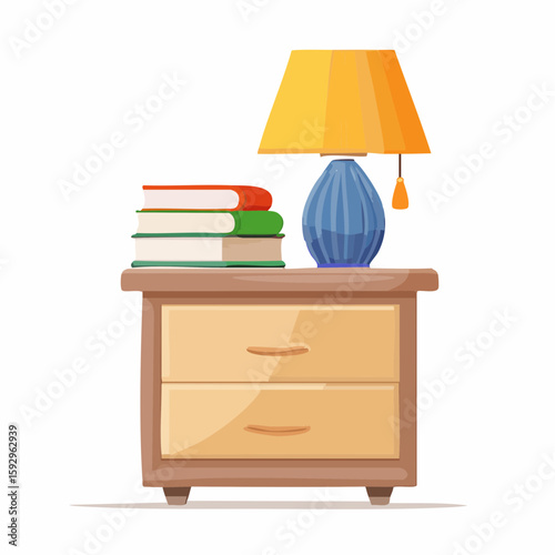 Reading lamp on nightstand – Lamp casting warm light next to a stacked book.
