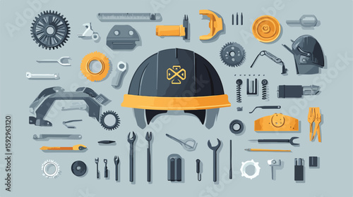 Construction Helmet Tools Gears Flat Layout