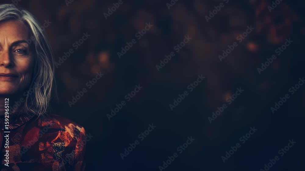 Confident mature woman in red floral blouse smiling with grace and poise