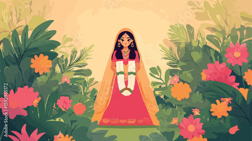 Hindu Bride Flowers Flat Vector Illustration