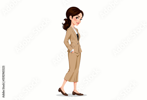 Confident young woman in beige business suit standing sideways  