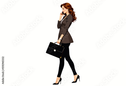 Young businesswoman talking on phone while walking in stylish outfit  