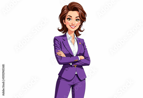 Confident woman in purple suit with arms crossed and smiling  