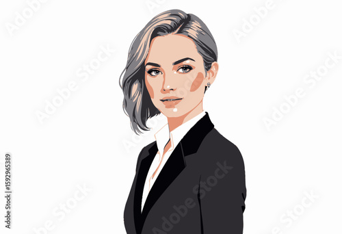 Young woman in a suit posing confidently with short hair  