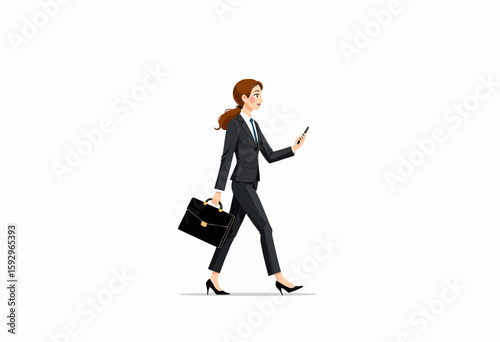 Businesswoman walking and looking at smartphone in professional attire  