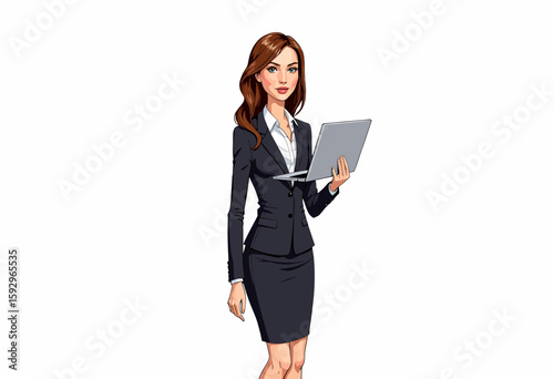 Business woman holding a laptop and standing in formal attire  