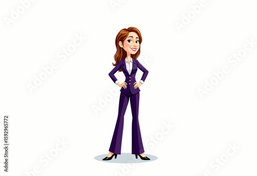 Confident businesswoman standing with hands on hips in purple suit  