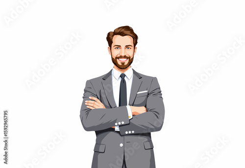 Confident businessman smiling with arms crossed in a gray suit  