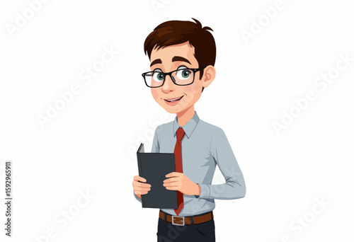 Young man holding a book while smiling and wearing glasses  