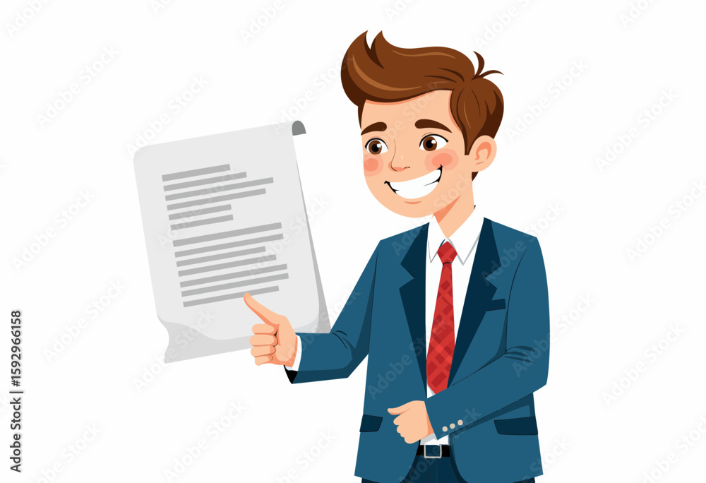 Young businessman smiling while holding a document in office attire Young businessman smiling while holding a document in office attire