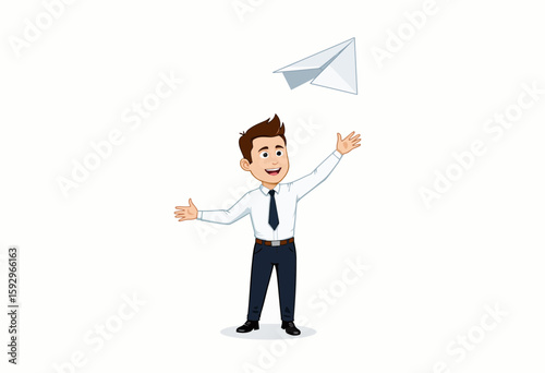 Young businessman throwing paper airplane in playful gesture  