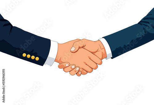 Business handshake between two people in formal suits on white background  