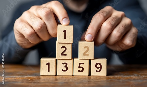 Hand holding wooden blocks to form a business word concept.